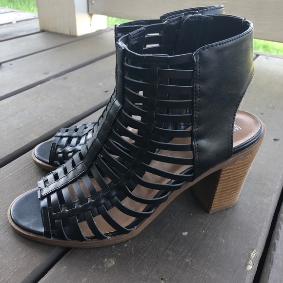 black caged block heel sandals